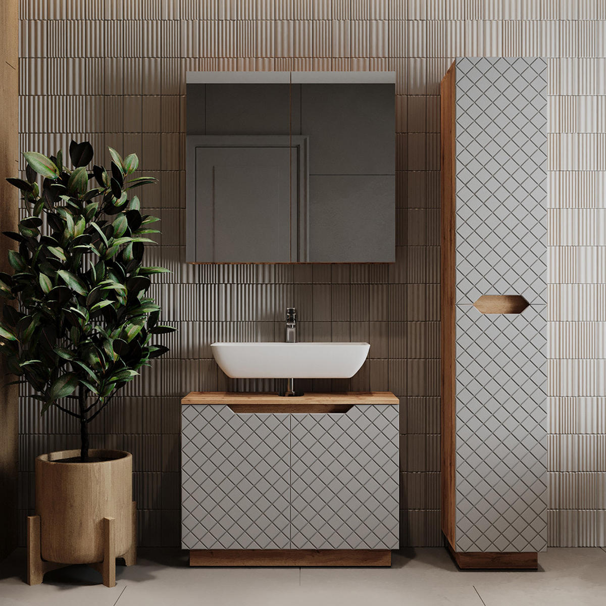 BADMÖBEL-SET Lotta Eiche/Grau mit Kachelstruktur 3 Teile - Eichefarben/Grau, Holzwerkstoff (79.6/62.1/32cm) - Vicco