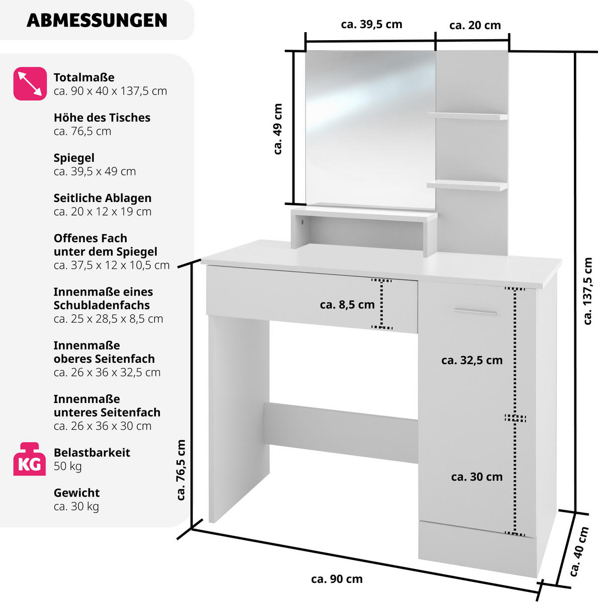SCHMINKTISCH Zoe,90 x 40 x 137,5 cm,weiß - Weiß, Holzwerkstoff (40/138.5/90cm) - tectake