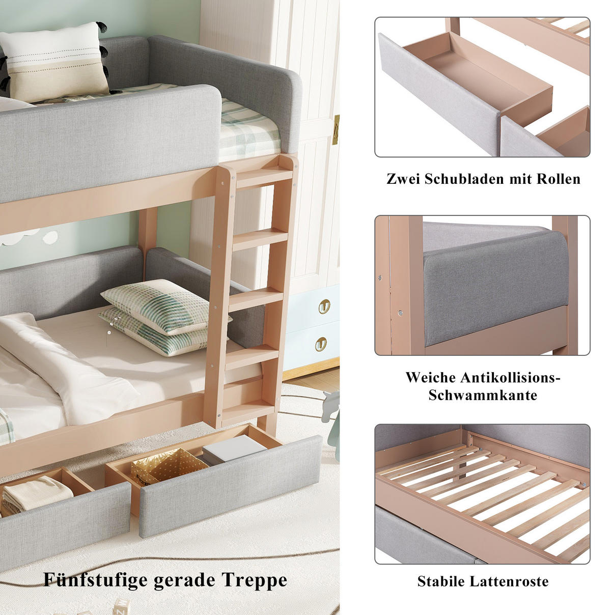 ETAGENBETT 90/200 cm Grau/Natur mit 2 Schubladen und gerader Treppe - Grau, Holz (90/200cm) - Flora Grace