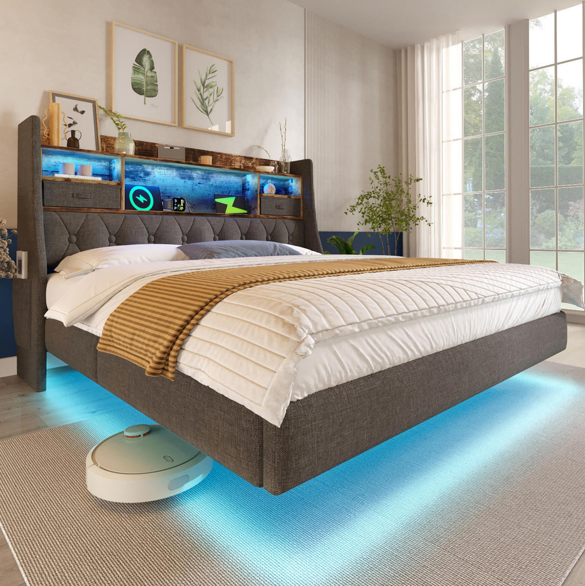 ČALOUNĚNÁ postel 140/200 cm šedá z lnu s LED osvětlením, úložným čelem a nabíjecí stanicí - šedá, textil (140/200cm) - OKWISH
