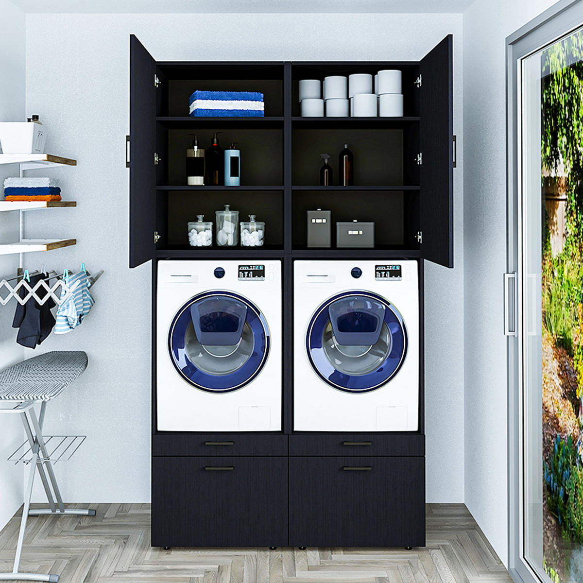 WASCHMASCHINENSCHRANK Serie 2 134cm Breit, 240cm Hoch - Schwarz, Holzwerkstoff (134/240/67cm)