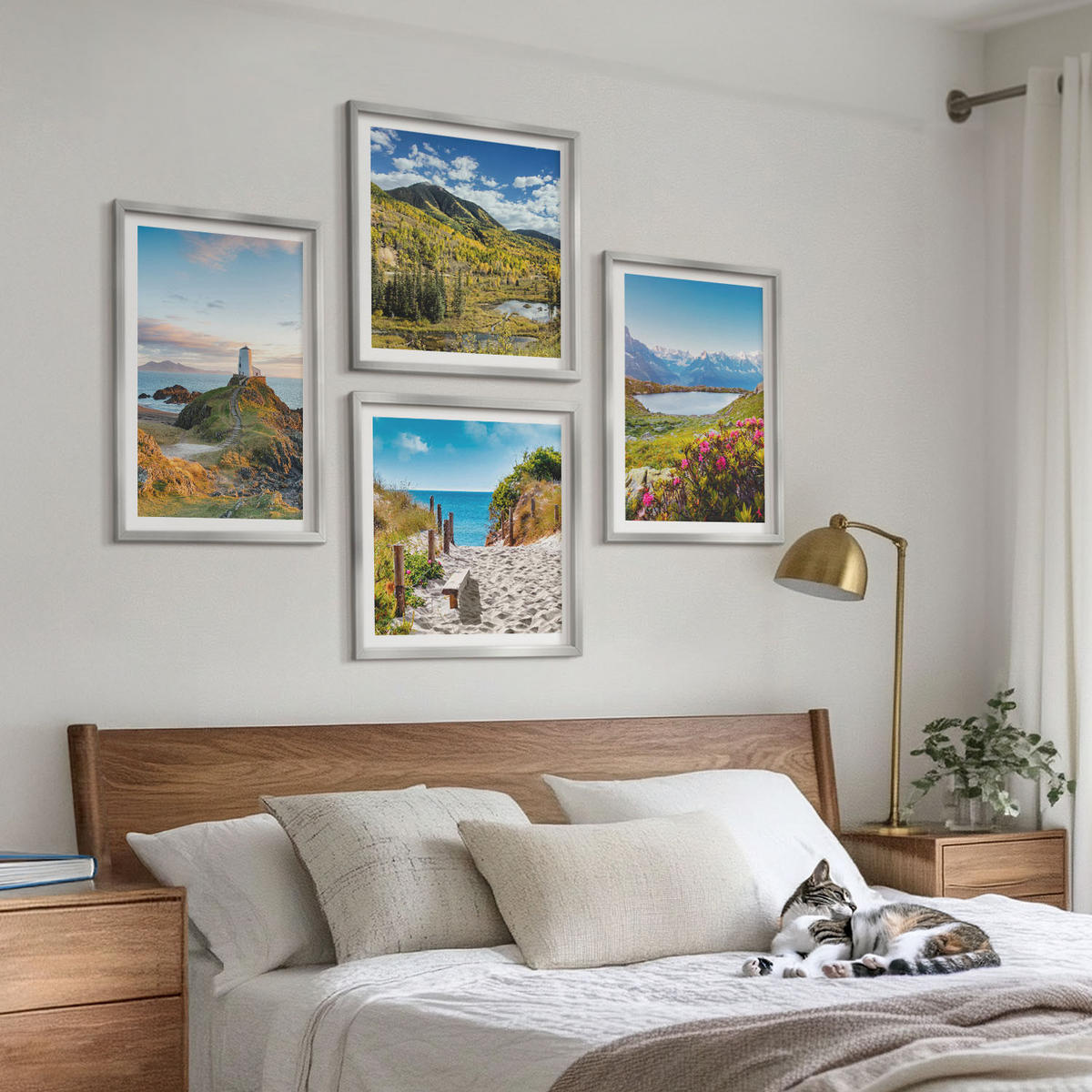 WANDBILDER 4er Set - 50x50 cm & 40x60 cm Silberner Rahmen - Strand, Leuchtturm, Berge, Wiesen, Blumen - Silberfarben, Kunststoff (50/50cm) - ArtPrintCave