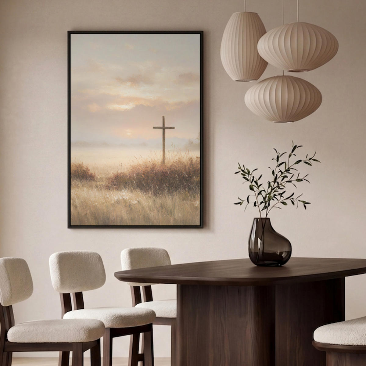 LEINWAND Bilder mit Rahmen - Gras - Morgennebel - Kreuz - Christentum - 100x150 - Beige, Textil (100/150cm) - MuchoWow