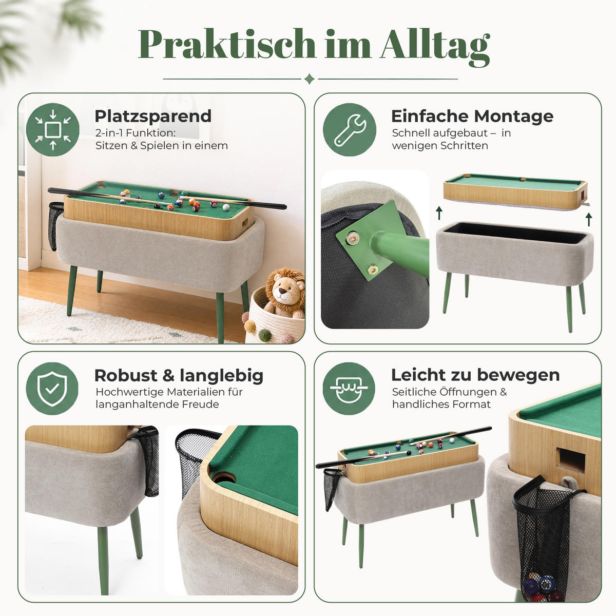 SITZBANK mit Stauraum, Polsterbank mit Mini-Billard, Beige - Grau, Holzwerkstoff (35.5/47/77.5cm) - Hometopia