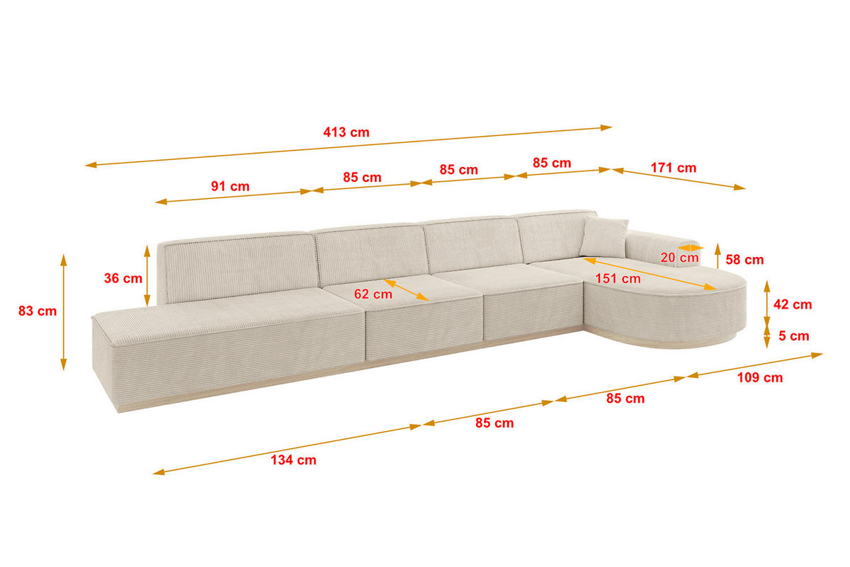 ECKSOFA Ottomane Rechts ARRIO-L3 - 413x171x83 cm Beige - Beige, Holzwerkstoff/Textil (413/171cm) - ALTDECOR