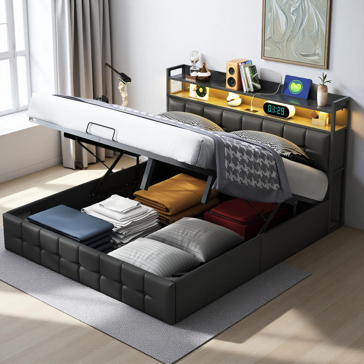 POLSTERBETT 140x200 cm LED Kopfteil Lattenrost PU Leder schwarz - Schwarz, Holz (140/200cm) - LEBENLANG