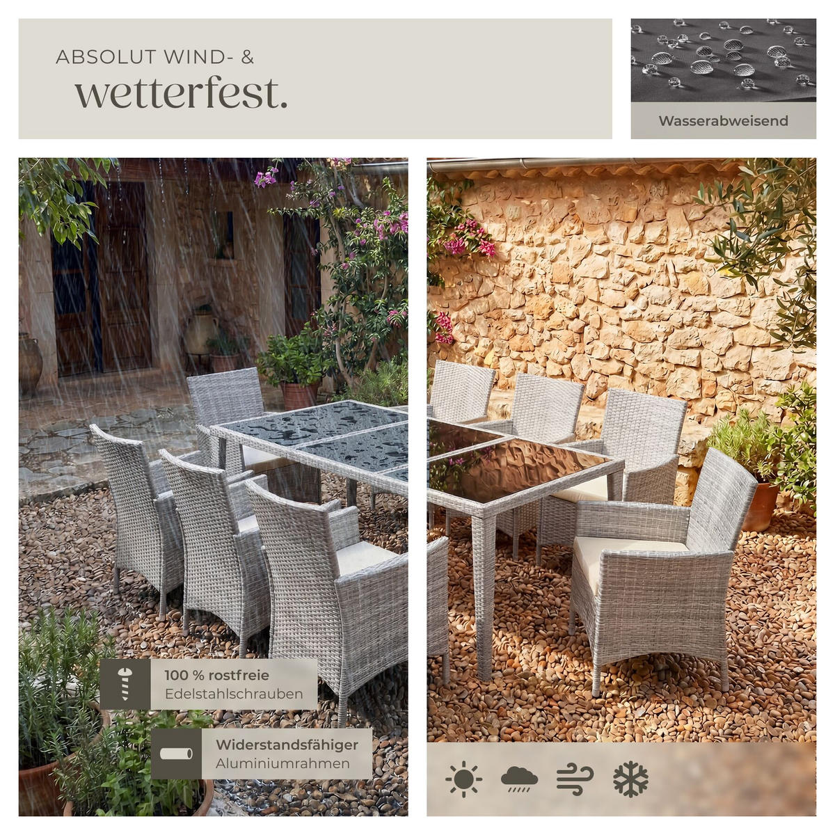 RATTAN-SITZGRUPPE aus Aluminium Menorca, inklusive Schutzhülle, hellgrau - Hellgrau, Kunststoff - tectake