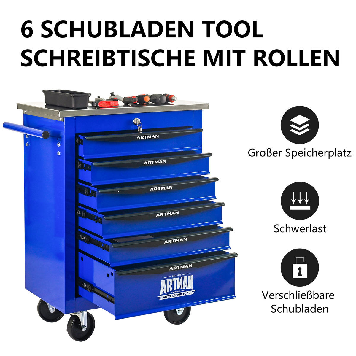 WERKZEUGWAGEN Metall mit Rollen – 6 Schubladen, Edelstahlablage, Werkstattwagen für Garage & Werkstatt, Schwarz/Blau - Blau, Metall (34.5/78/62.5cm) - Ej. Life