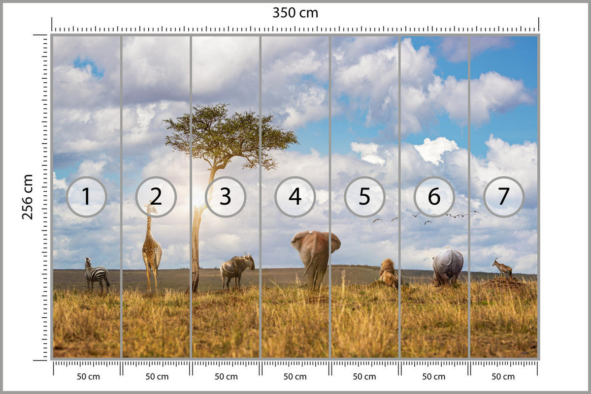 FOTOTAPETA Pre Detskú Izbu Safari Zvieratá Slon Žirafa 350 x 256 cm - hnedá/biela, papier (350/256cm) - Muralo
