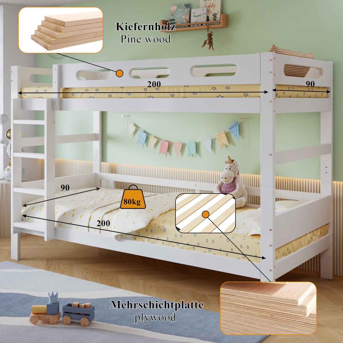 ETAGENBETT 90/200 cm & 90/200 cm in Weiß Kinderbett mit Leiter und Absturzsicherung im schlichten Design - Weiß, Holzwerkstoff (90/200cm) - STILVORA