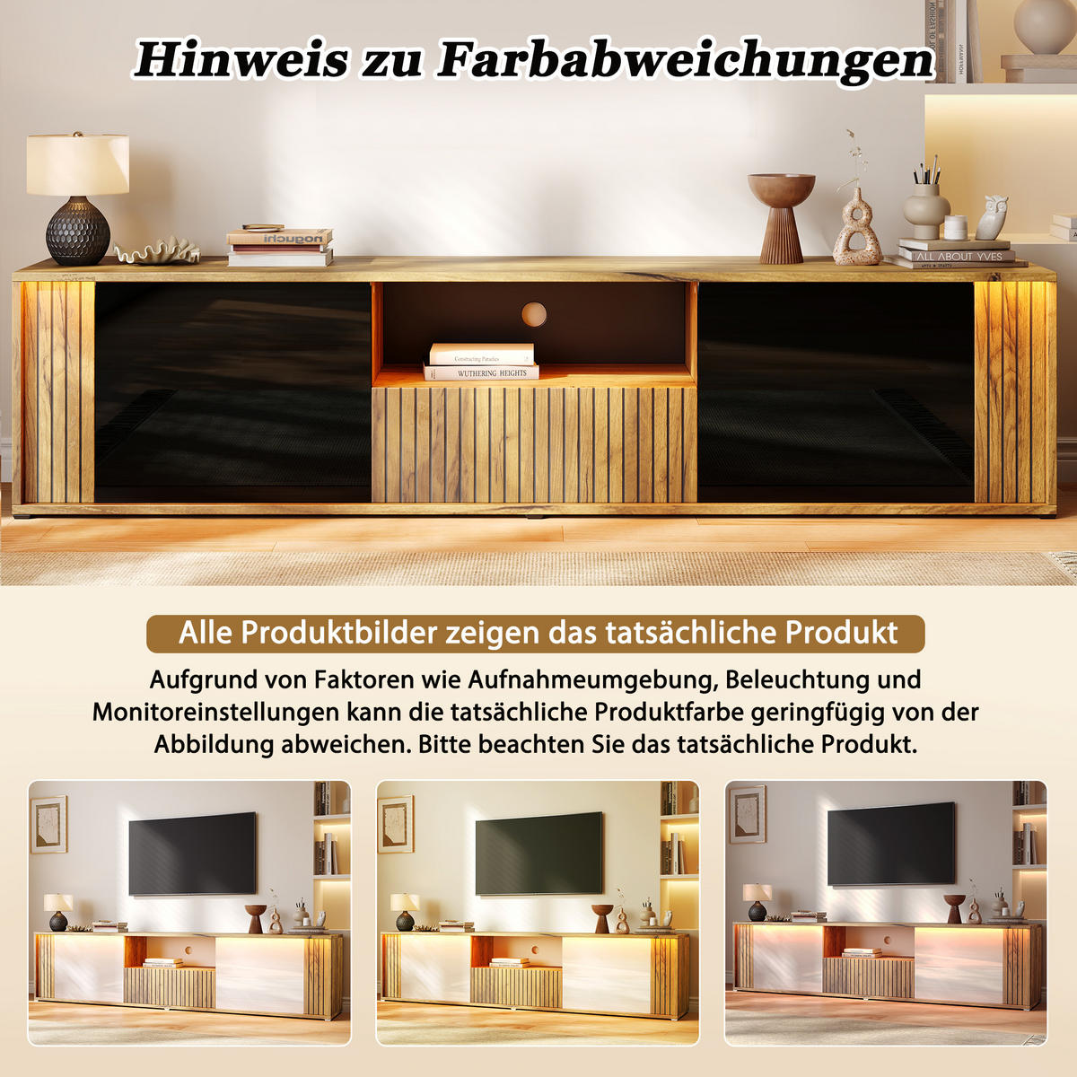 TV-LOWBOARD 180x40x51cm Schwarz Holzfarbe mit LED - Schwarz/Naturfarben, Holzwerkstoff (180/51/40cm) - FLIEKS