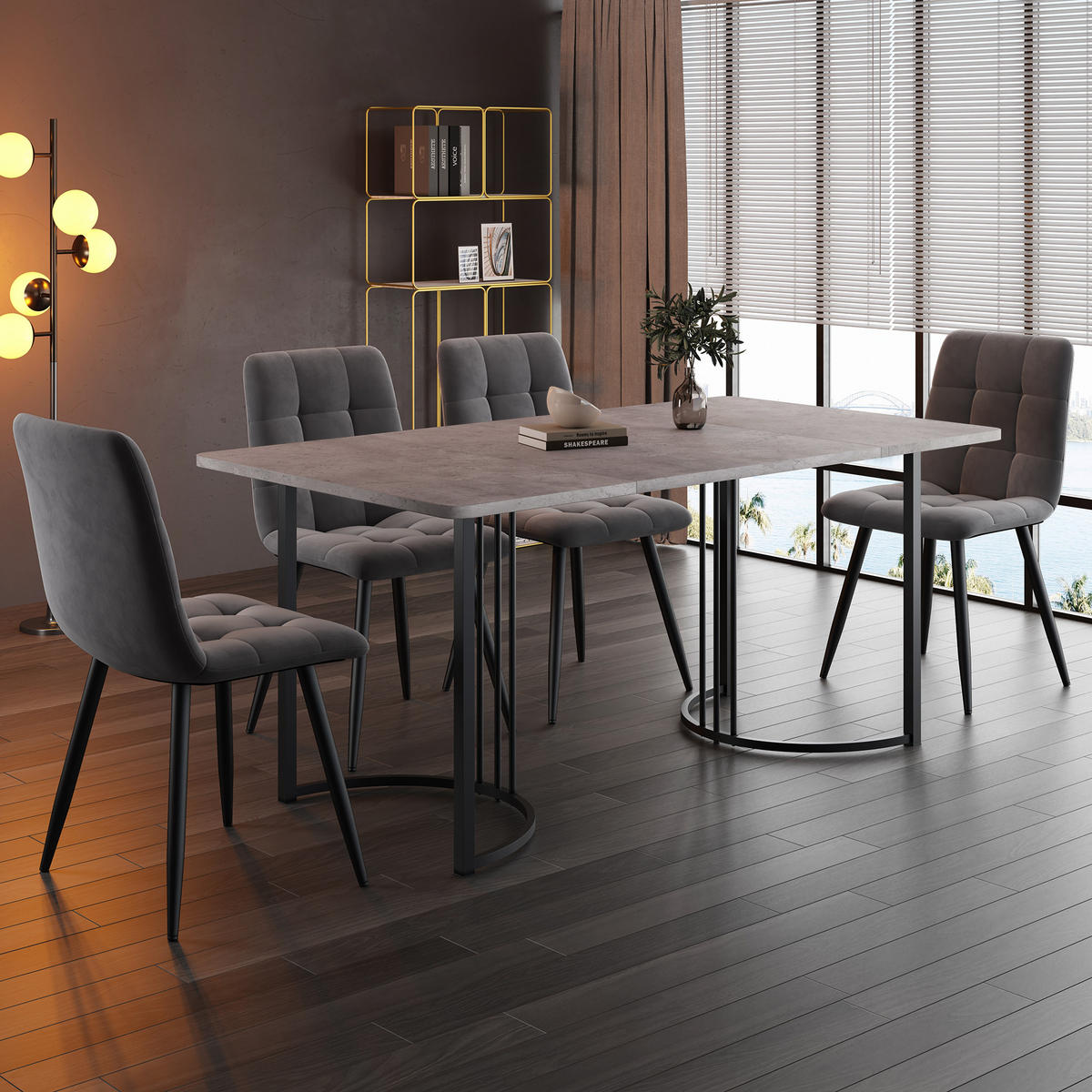 ESSGRUPPE 5-teilig mit Marmor-Look-Tisch 140×80 und vier grauen Samtstühlen mit ergonomischer Form für Küche und Esszimmer, grau - Grau, Holzwerkstoff (80/75/140cm) - Luhomfu