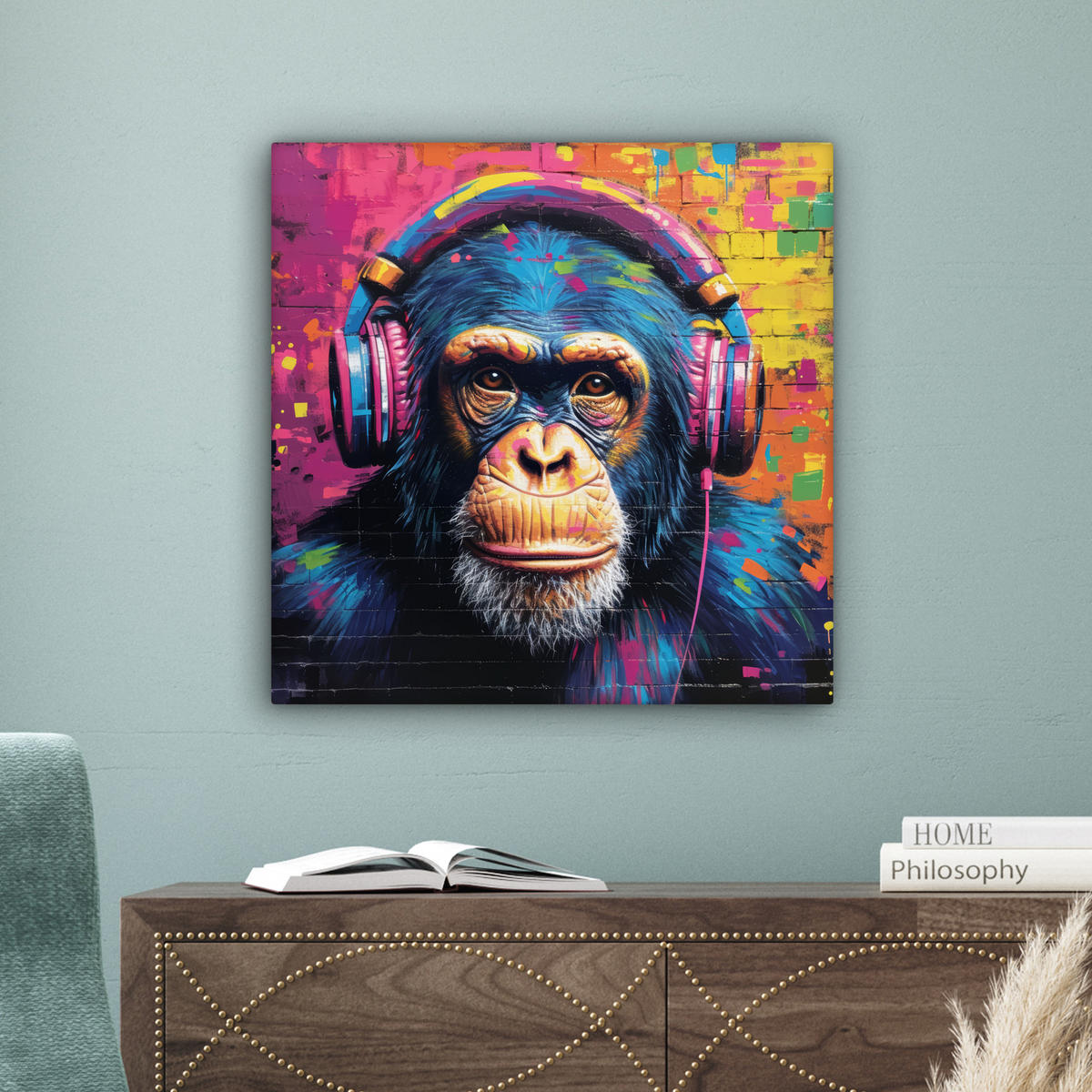 LEINWANDBILD Graffiti - Schimpanse - Straßenkunst - Kopfhörer - Affe Wandbild Wohnzimmer 50x50 cm - Blau, Textil (50/50cm) - MuchoWow