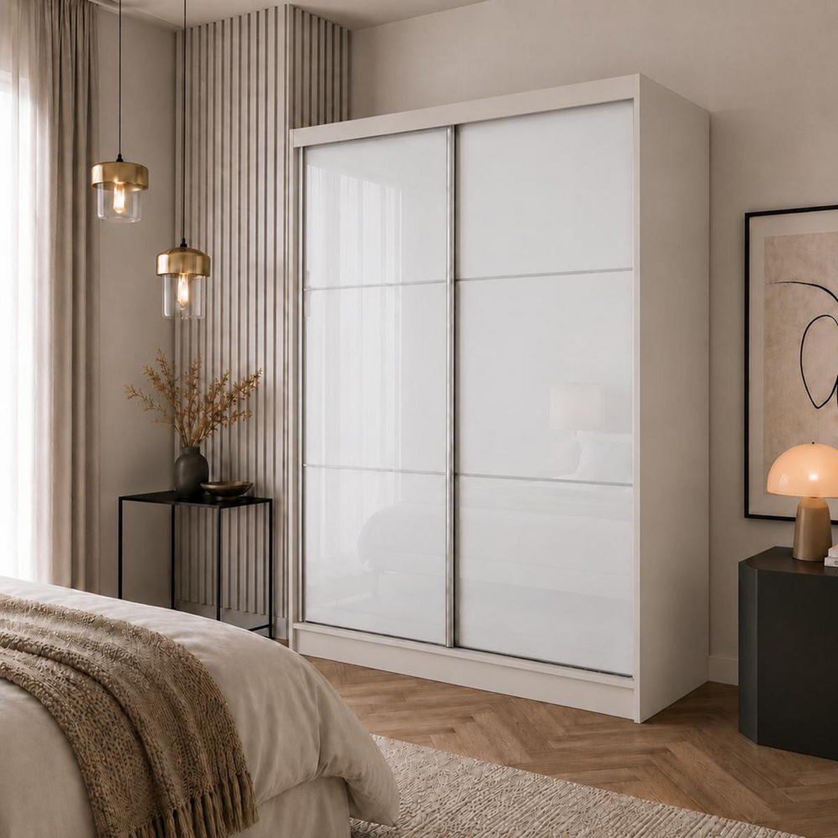 SCHWEBETÜRENSCHRANK Viva 160/216/61 Kaschmir mit Lacobel-Glas - Kaschmir, Holzwerkstoff (160/216/61cm) - Beautysofa