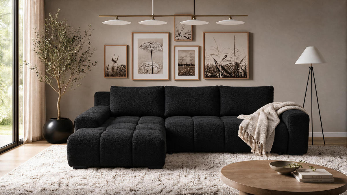 ECKSOFA Ovia mit Bettkasten und Schlaffunktion, Bouclé-Stoff in L-Form - Schwarz, Textil (270/185cm)