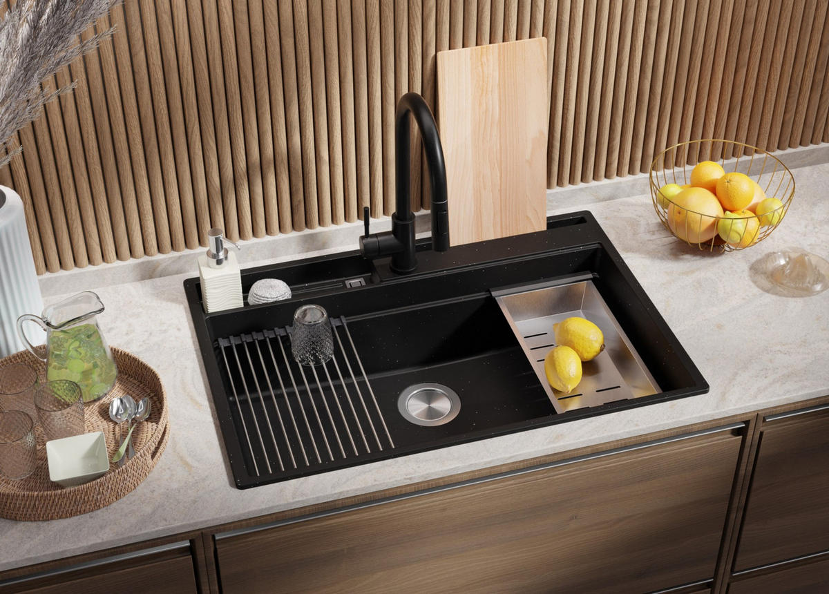 SPÜLBECKEN Oslo Pocket, 2-er set Schwarz Metallic 78/53 cm 1 Becken + Ablauf-Set + Küchenzubehörset ab 80er Unterschrank - Chromfarben/Schwarz Hochglanz, Kunststoff (78/20/53cm) - Primagran