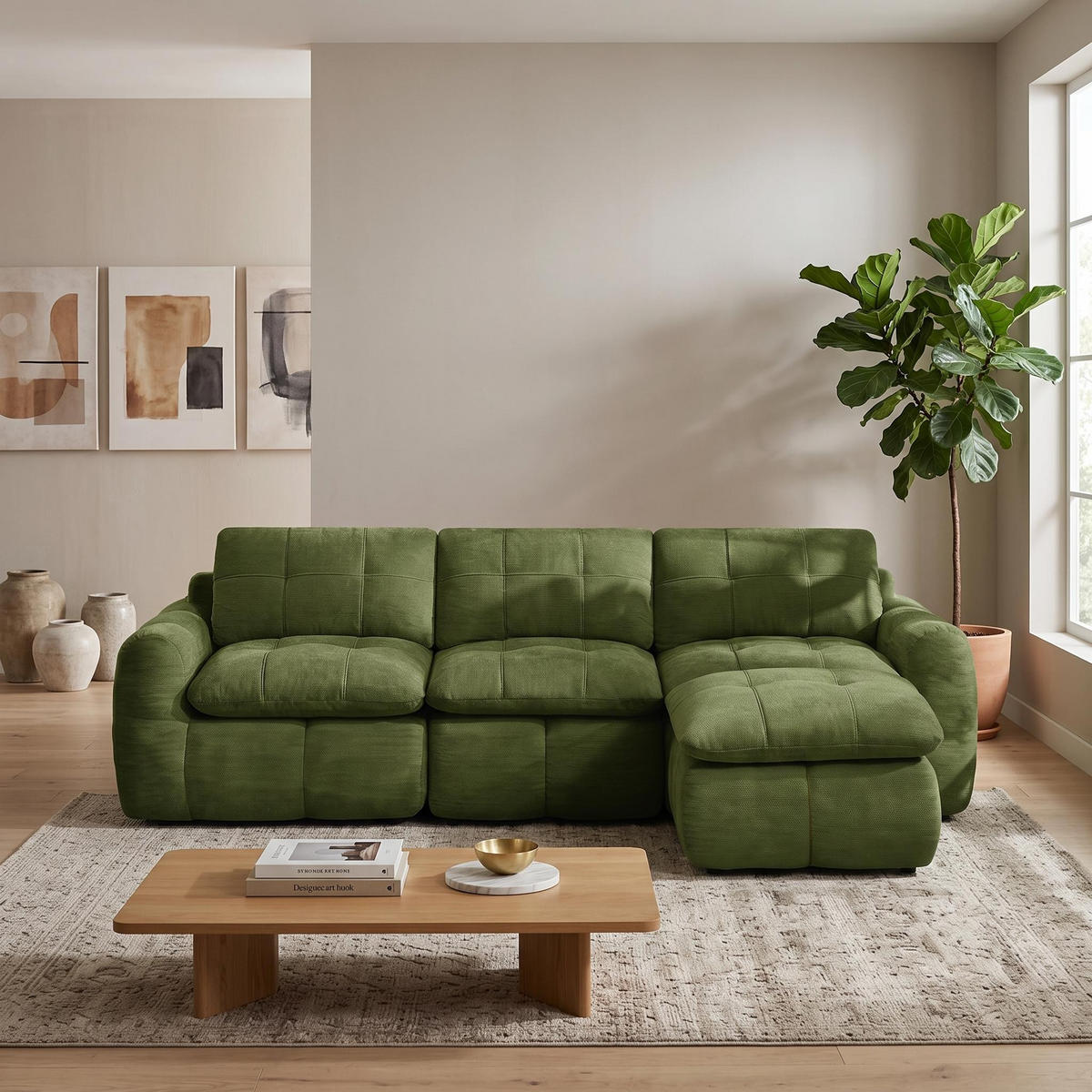 HÖRNSOFFA L-form modulär chenille grön med pall - Grön, Textil (264/160cm) - Urban Meuble