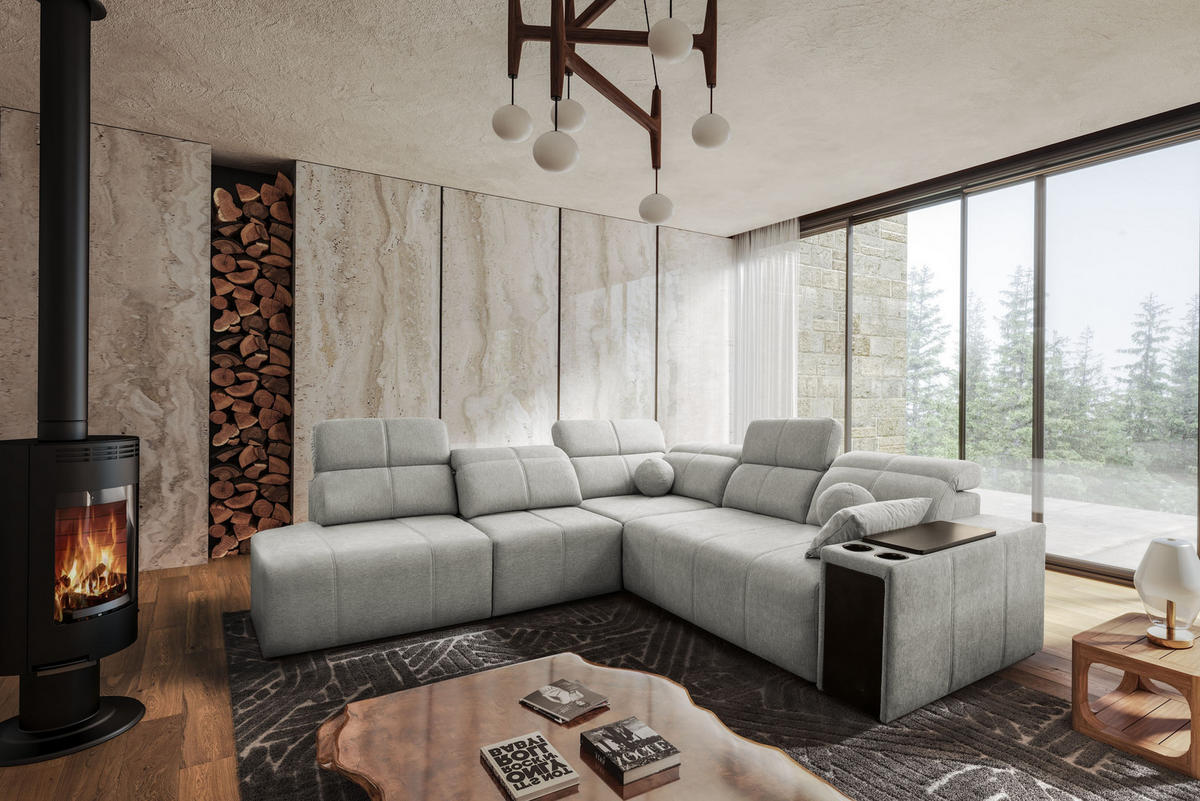 ECKSOFA Mindy IX Mit Schlaffunktion, Verstellbarer Rückenlehne Stoff Verita Hellgrau Links - Hellgrau, Holz (288/300cm) - Kaiser Möbel