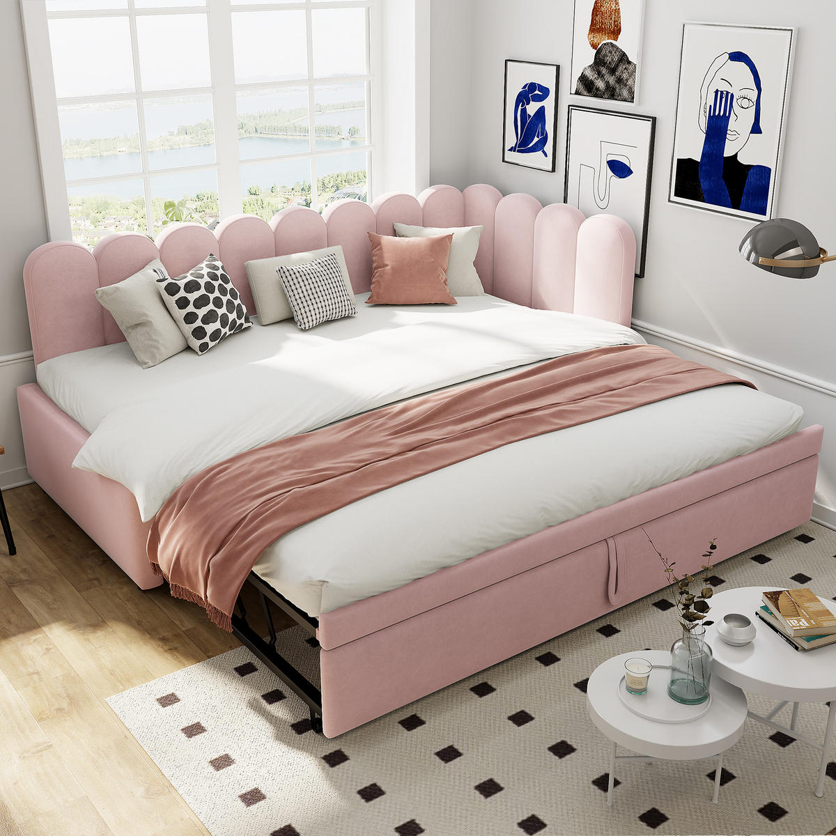 POLSTERBETT aus Samt 90x200 cm in Rosa mit Ausziehbett - Rosa, Textil (90/200cm) - Modfu