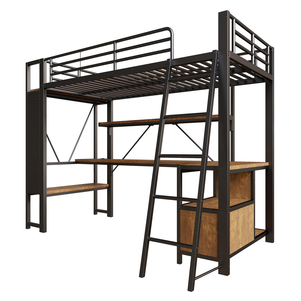 HOCHBETT 90/200 cm aus Metall mit Schreibtisch, LED-Beleuchtung und Stauraum - Schwarz, Metall (90/200cm) - Flora Grace