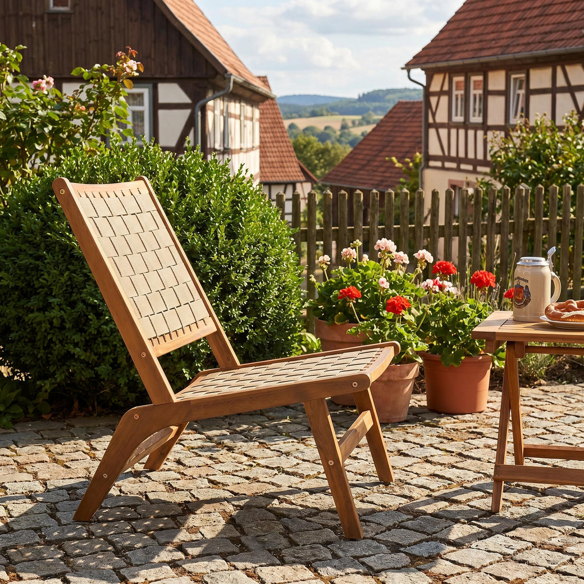 77CM Outdoor-Ess- und Terrassenstuhl ohne Armlehnen aus Akazienholz mit geflochtener Rückenlehne und Sitzfläche - Ahornfarben, Holz (75.5/77/54cm)