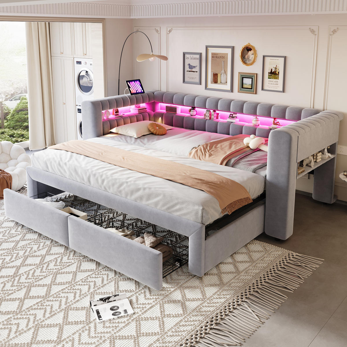 AUSZIEHBETT 90/180/190 cm mit LED und USB, DE-41682, in Hellgrau - Hellgrau, Metall (90/190cm) - ComfortXL
