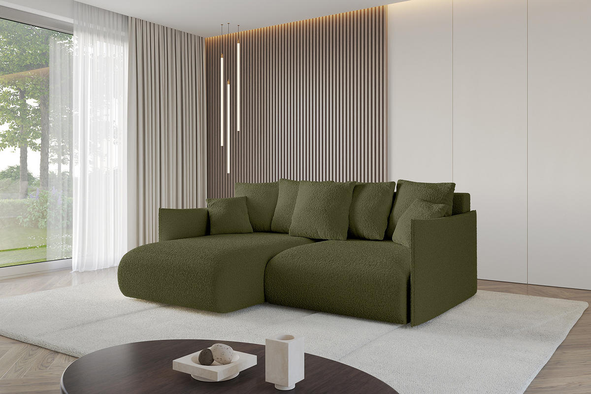 ECKSOFA mit Schlaffunktion und Bettkasten ONESK-L 208x165x40 Grün Bouclé - Grün, Holzwerkstoff/Kunststoff (208/165cm) - ALTDECOR