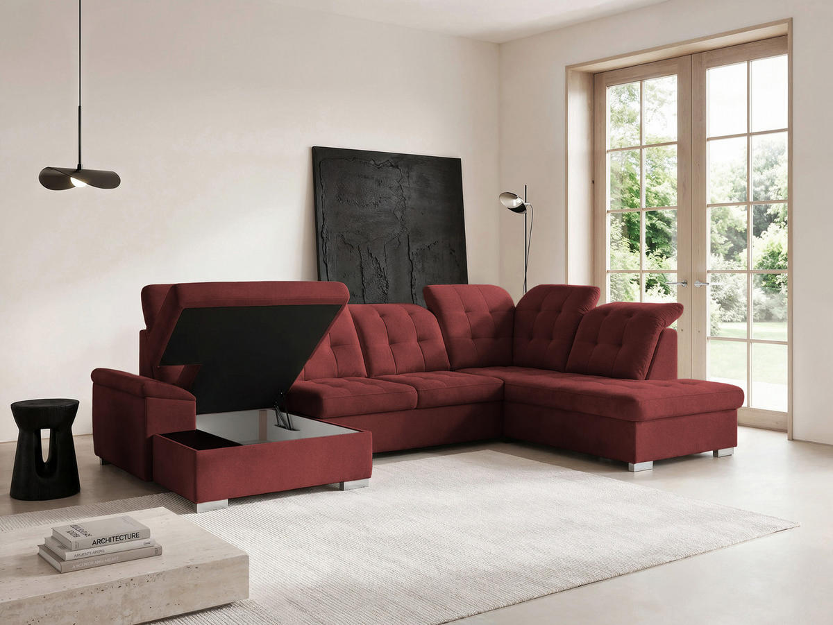 WOHNLANDSCHAFT ANON Ottomane Rechts, mit Schlaffunktion und Bettkasten, Bordeaux - Rot, Kunststoff/Textil (322/87/220cm) - Idohome