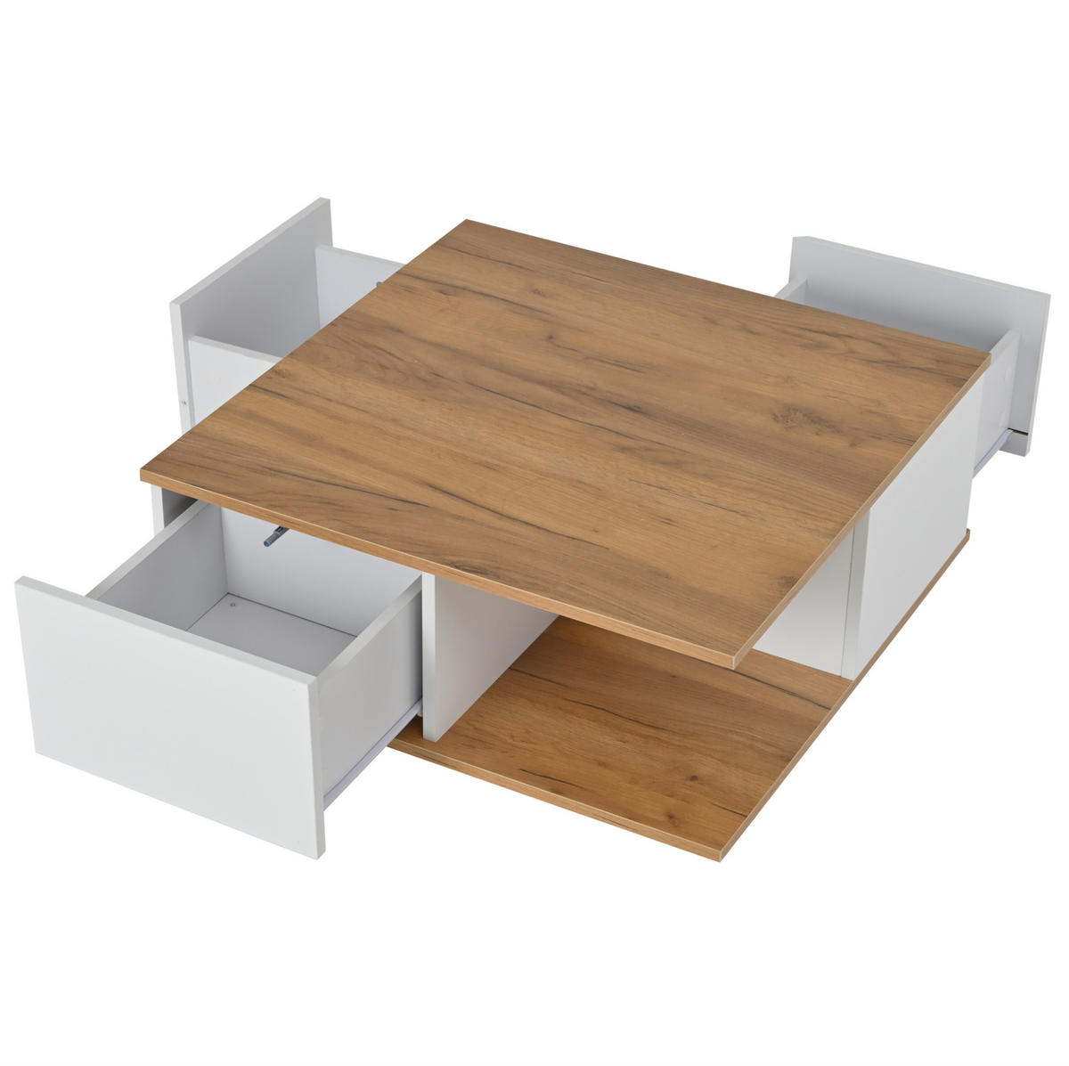 COUCHTISCH 70/70/31,5 cm mit 3 Schubladen und offenem Fach, Hochglanz-Fronten aus Spanplatte, Weiß/Walnuss - Walnussfarben, Holzwerkstoff (70/70/31.5cm) - Modfu