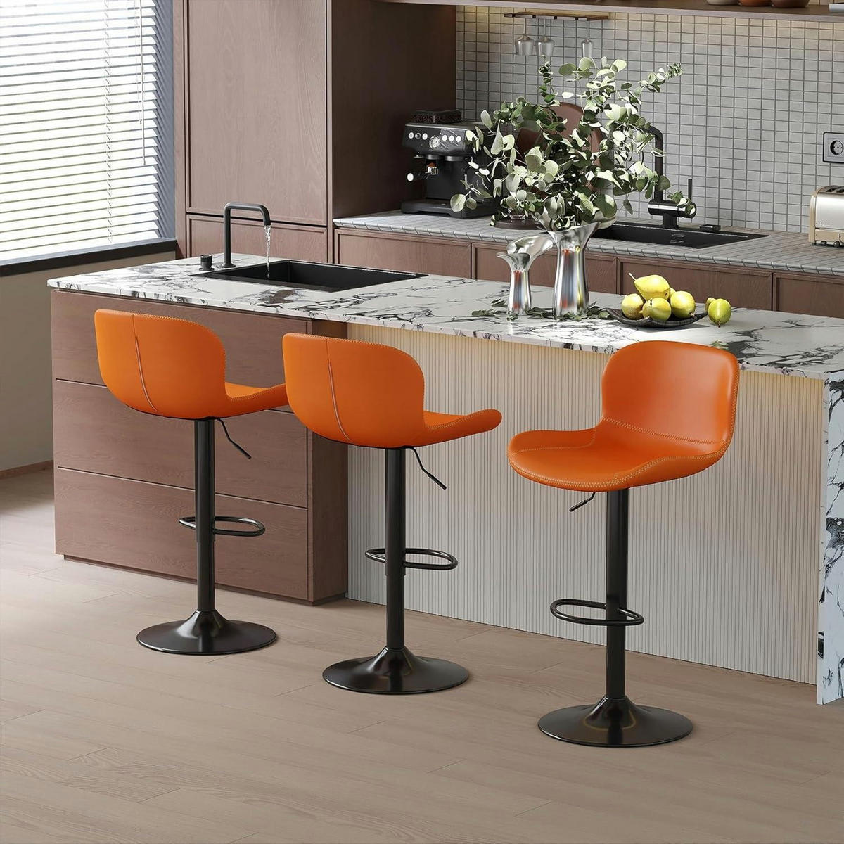 BARHOCKER 3er Set Kunstleder Orange Höhenverstellbar Drehbar - Orange, Kunststoff (45/100/38cm)