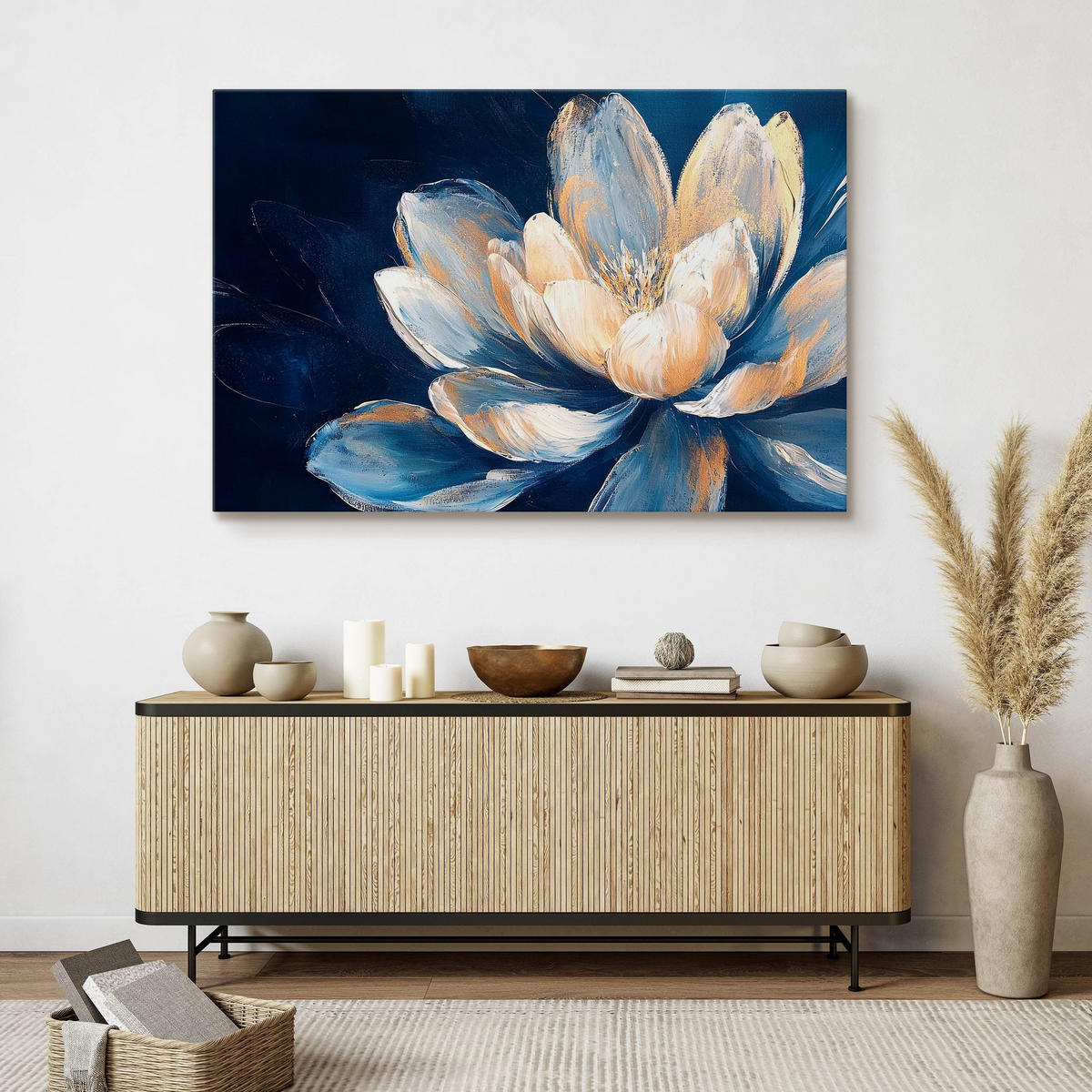 LEINWANDBILD für Schlafzimmer Blume Natur Malarei 100cm x 70cm - Blau/Beige, Textil (100/70cm) - Muralo