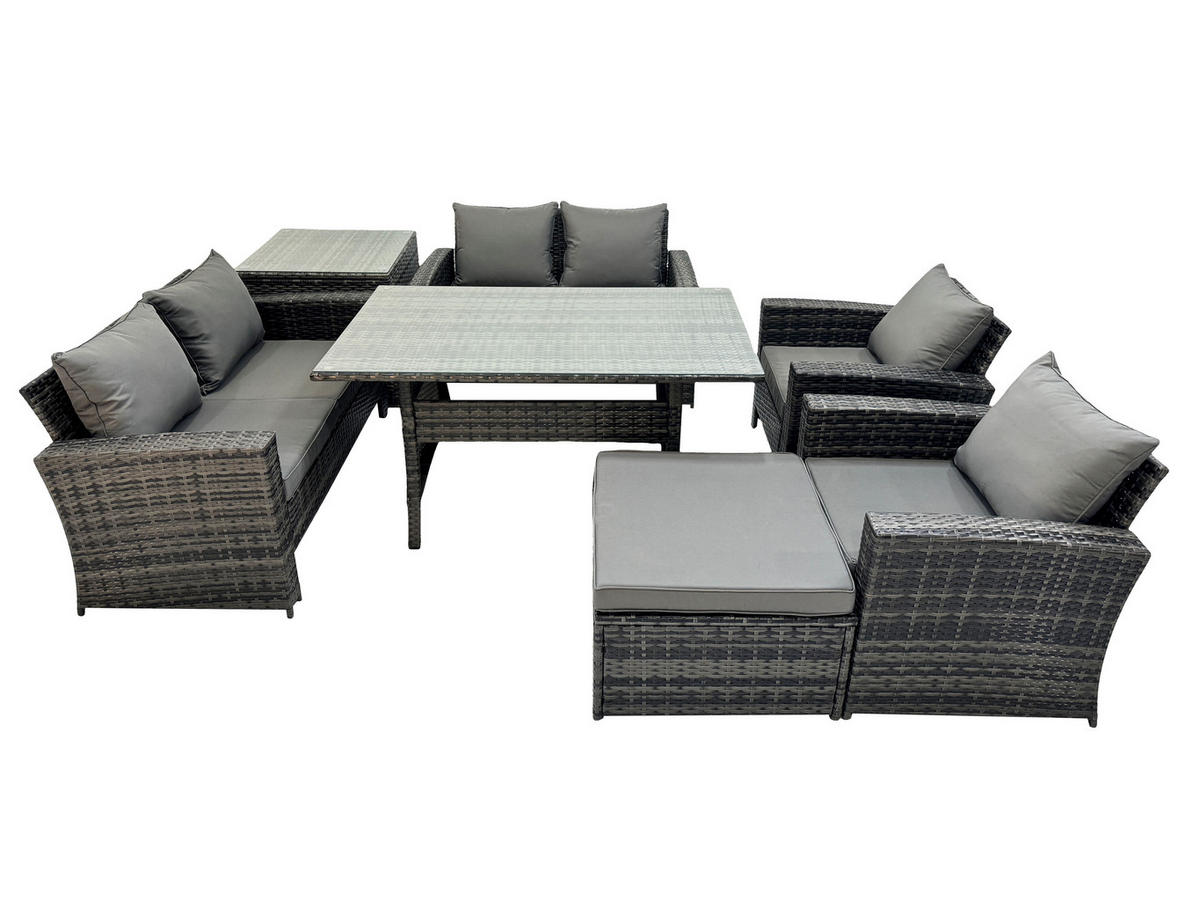 GARTENMÖBELSET mit 2 Sesseln,2 Zweisitzer,Esstisch,Hocker,Beistelltisch Polyrattan Dunkelgrau 7-Sitzer - Dunkelgrau/Grau, Glas/Kunststoff - Fimous