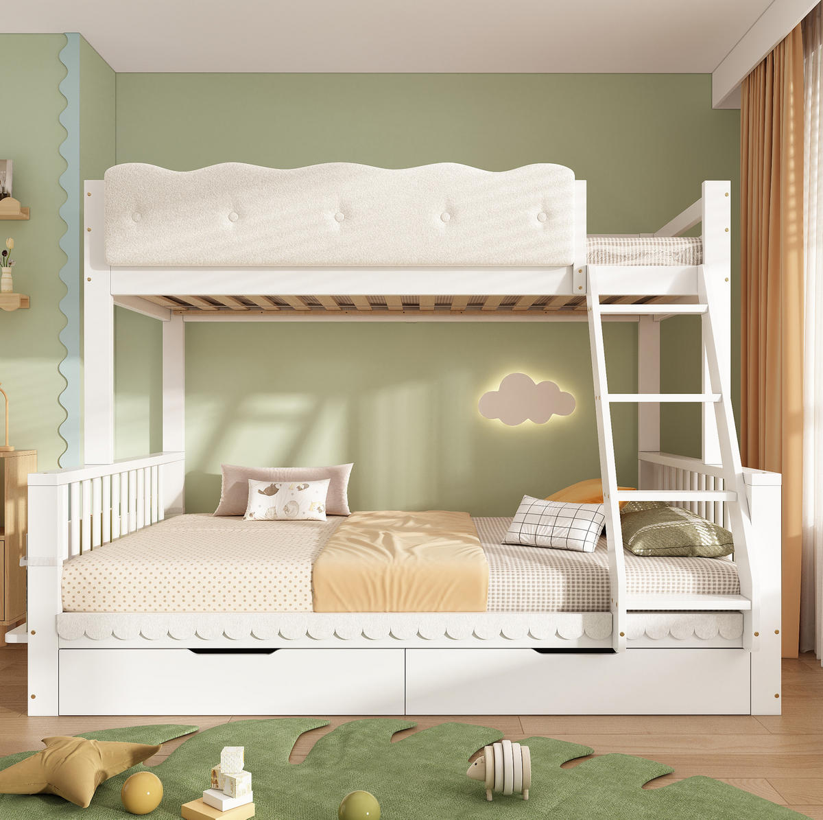 ETAGENBETT aus Kiefernholz 140x200 cm Weiß mit Schubladen, Zeitschriftenständer und Sicherheitsgeländer - Weiß, Holz (140/200cm) - Modfu