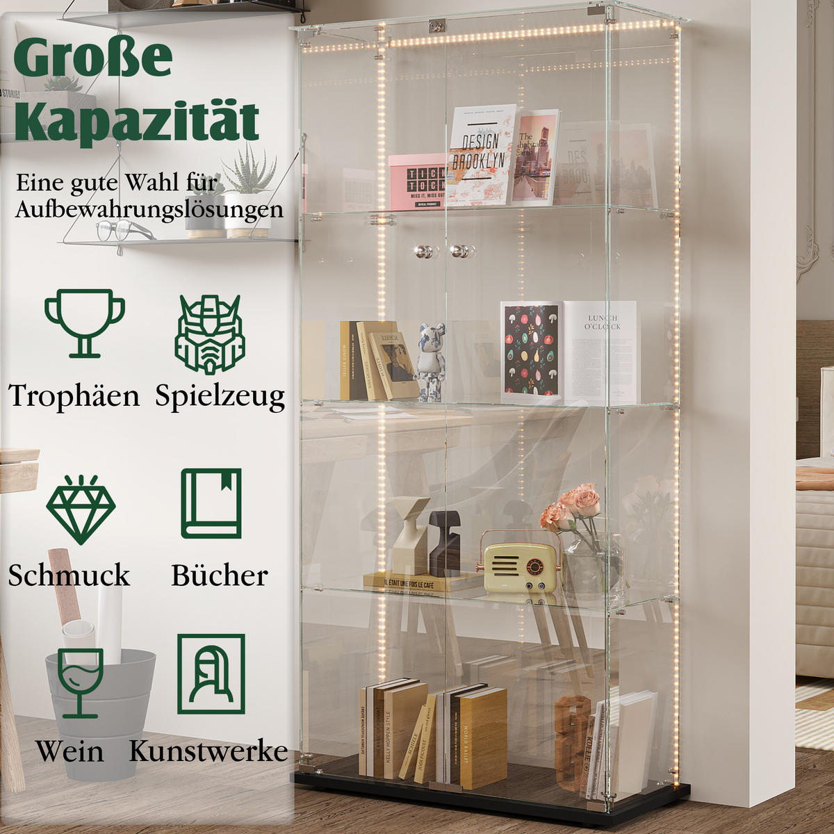 GLASVITRINE, Doppeltüren mit Schloss, 4 Einlegeböden, LED-Lichtleiste, Schwarz - Schwarz, Glas (78.5/163/35cm) - BRILVERDE