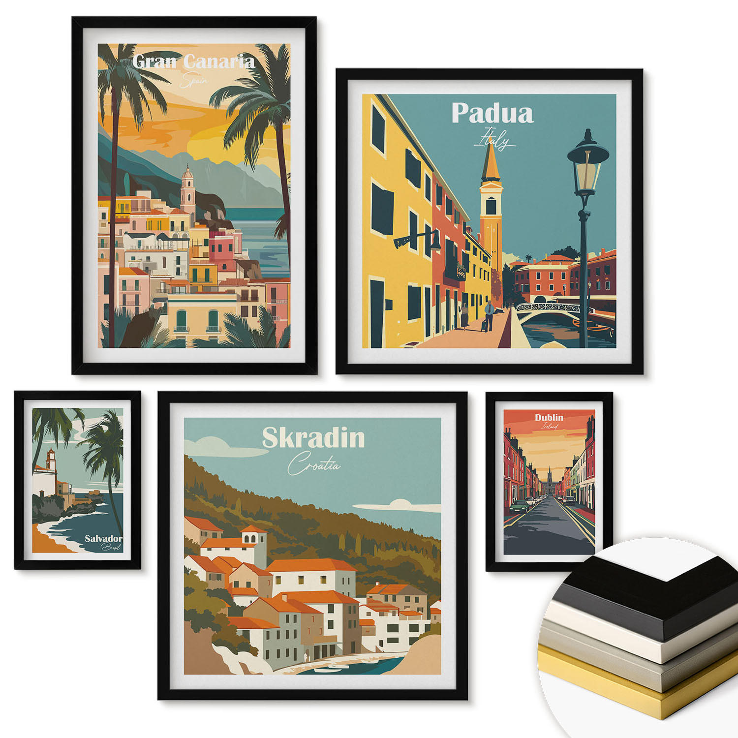 WANDBILDER 5er-Set - 50x50 cm & 20x30 cm & 40x60 cm Schwarzer Rahmen - Retro-Stadtansichten Sedona Sintra - Schwarz, Kunststoff (40/60cm) - ArtPrintCave