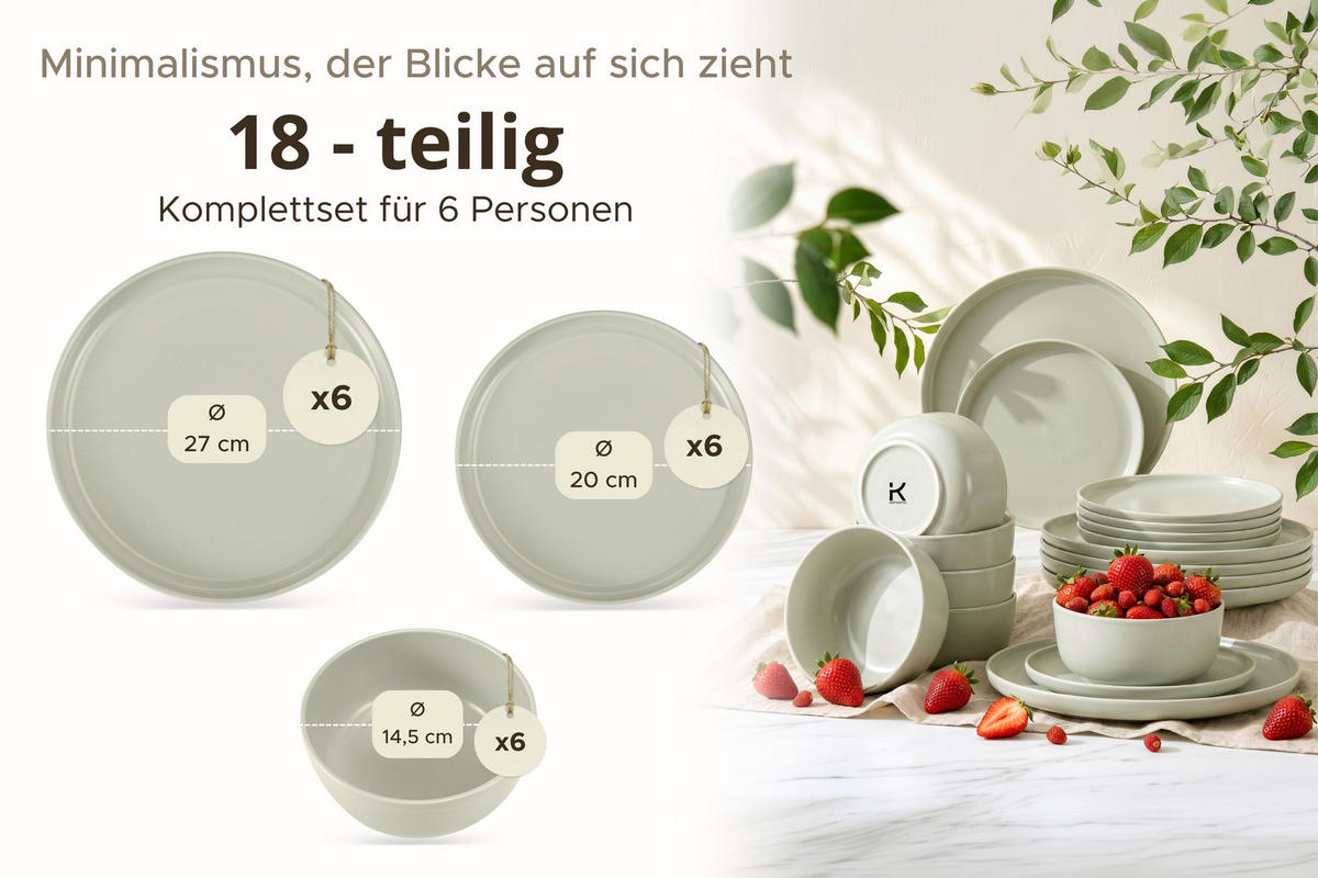 TAFELSERVICE VICTO Schüssel 6 Personen 18-tlg, matt beige/grün/grau - Hellgrün, Keramik (27/2/27cm) - KONSIMO®