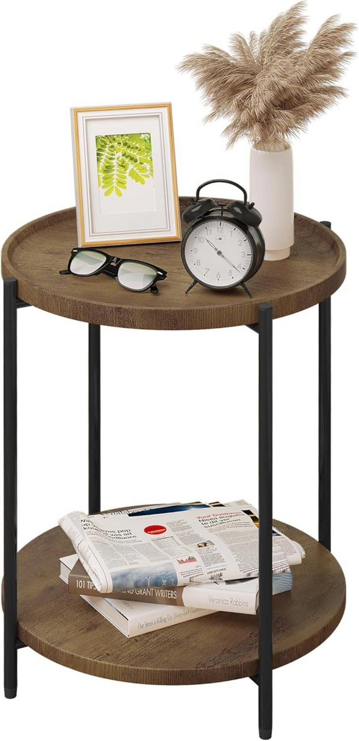 COUCHTISCH rund, mit 2 Ablagen, Vintage-Holzmaserung - Schwarz/Teakfarben, Holzwerkstoff/Metall (43/43/51cm) - Woltu