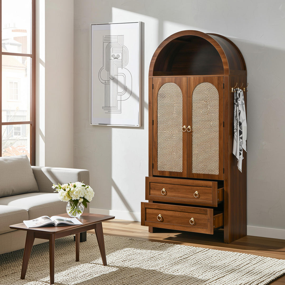 BUFET ratan arc nuc 180cm vintage - culoare nucă, compozit lemnos (80/180/40cm) - Urban Meuble