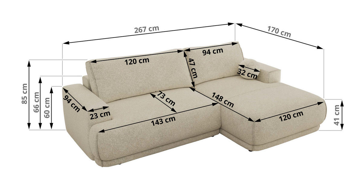 ECKSCHLAFSOFA RINA L Creme Strukture - rechts - Creme/Schwarz, Kunststoff/Textil (170/267cm) - MKS