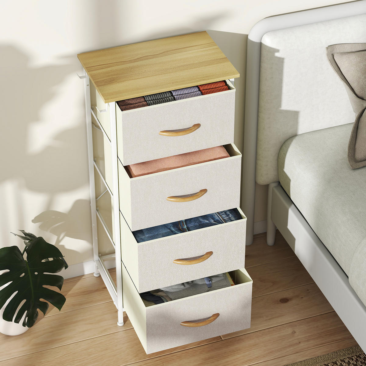 KOMMODE DE-12483 4 Schubladen mit Seitentaschen und Haken 45/30/94,5 cm Beige - Beige, Metall (45/94.5/30cm) - ComfortXL