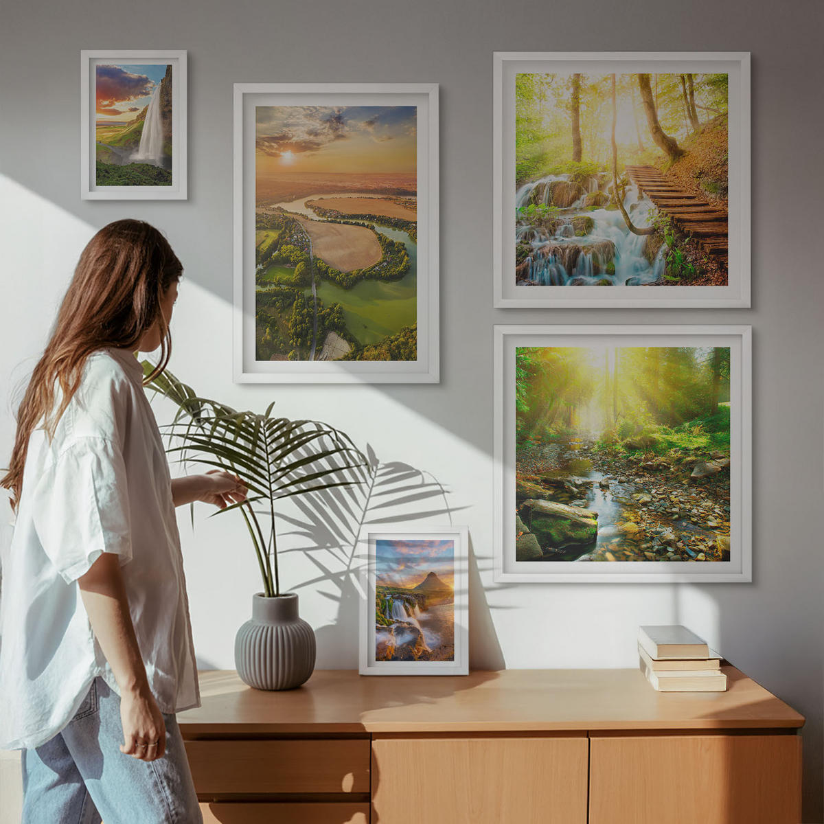 WANDBILDER 5er-Set - 50x50 cm & 20x30 cm & 40x60 cm Weißer Rahmen - Orange Mountain Wasserfall - Weiß, Kunststoff (40/60cm) - ArtPrintCave
