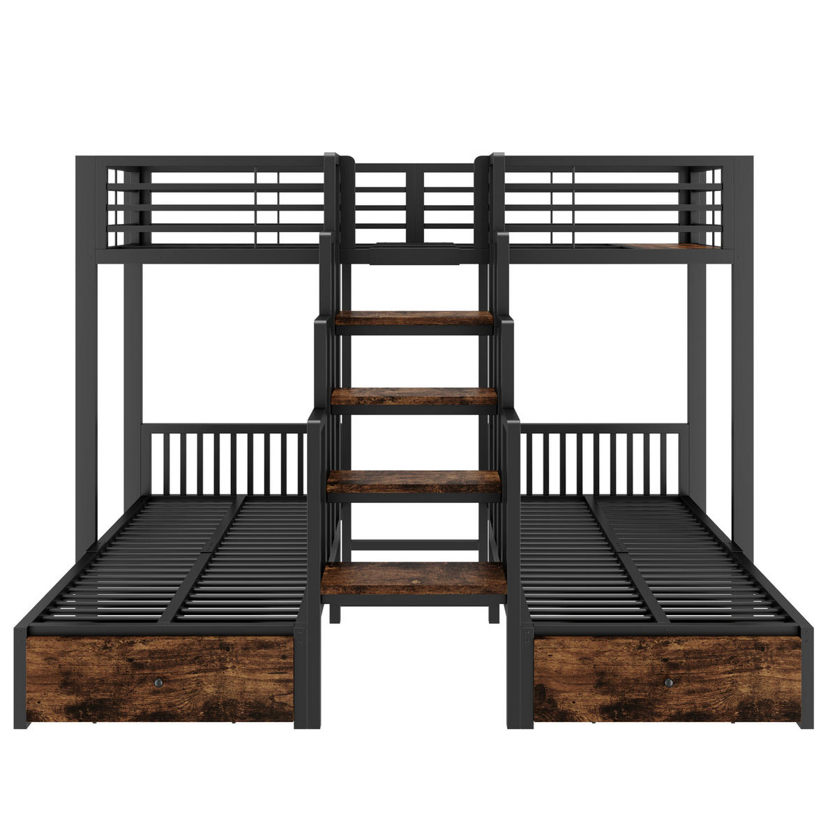 ETAGENBETT aus Metall und Holz 90x200 cm Schwarz mit Treppe, Sicherheitsgeländern und 2 Schubladen - Schwarz, Metall (90/200cm) - Modfu