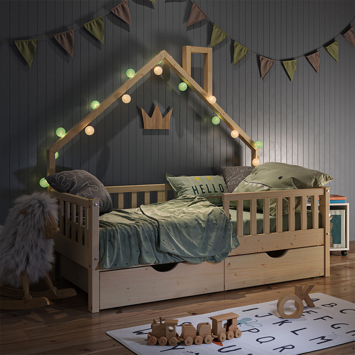 HAUSBETT Noemi Naturholz 80x160 cm mit 2 Schubladen - Naturfarben, Holz (80/160cm) - VitaliSpa
