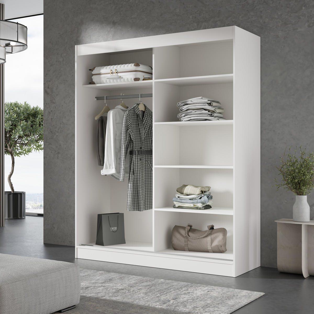 SCHIEBETÜRENSCHRANK mit Spiegel Como 2D2L 150 Weiß - Silberfarben/Weiß, Holzwerkstoff/Metall (150/201/65cm) - mzm24