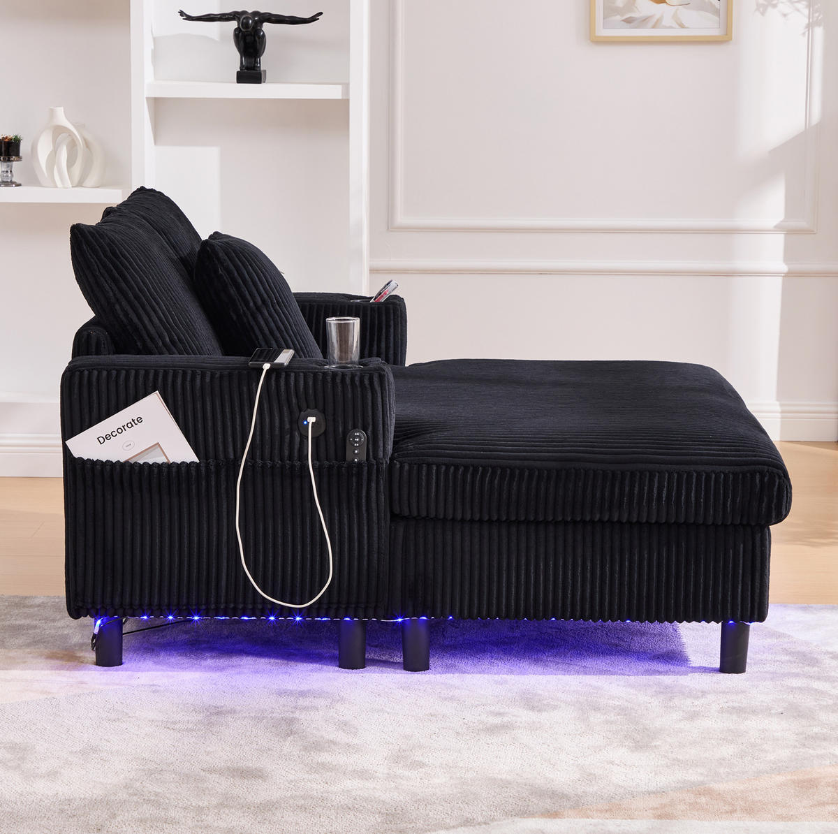 SCHLAFSESSEL mit USB und Getränkehalter ca. 142 x 128 x 85 cm Corduroy Black - Schwarz, Holz (128/85/142cm) - Meubliv