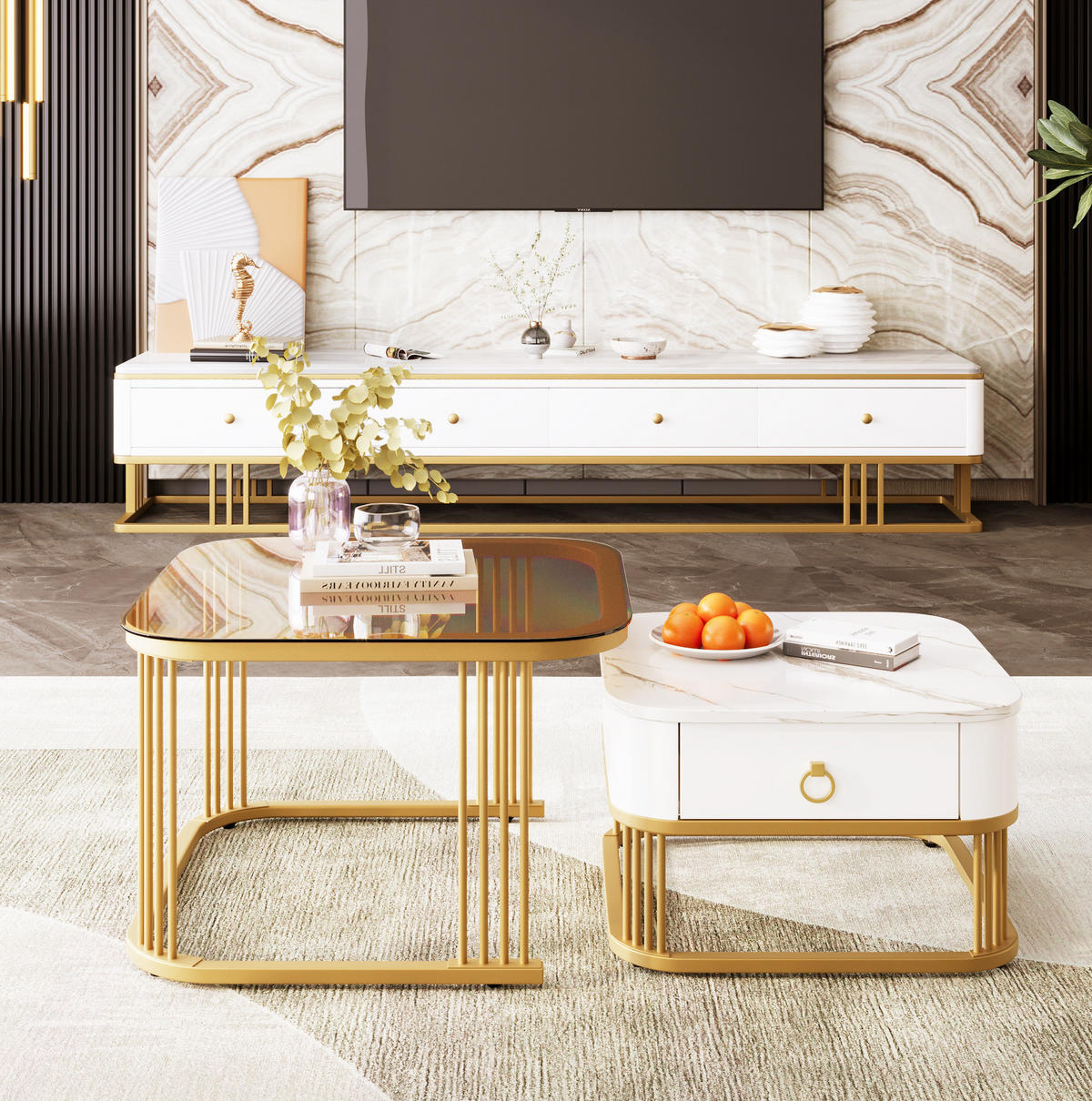 COUCHTISCH 2er-Set 60/60/44,5 & 50/50/34,5 cm in Marmoroptik mit Schublade - Weiß, Holzwerkstoff (60/60/45cm) - Flora Grace
