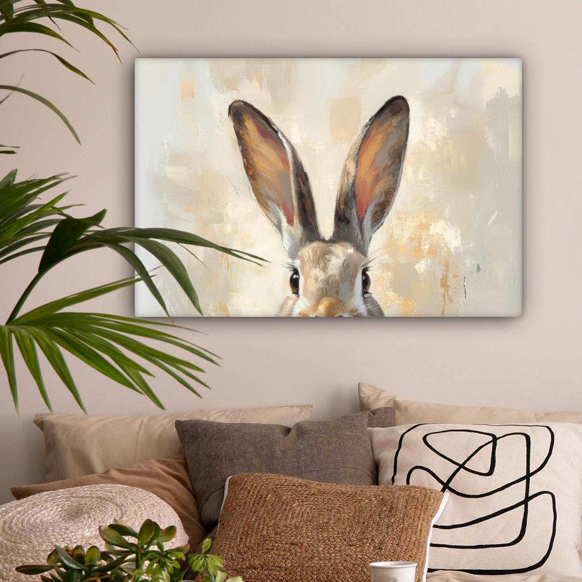 LEINWANDBILD Hase - Ohren - Braun Wanddeko 90x60 cm - Beige, Textil (90/60cm) - MuchoWow