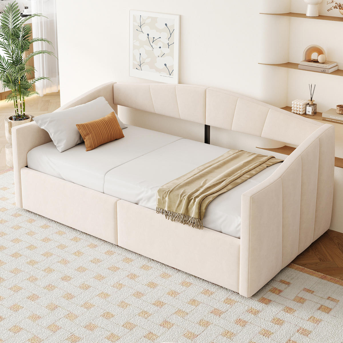 POLSTERBETT 90/200 cm Beige aus Samt mit Bettkasten und Armlehnen - Beige, Textil (90/200cm) - Flora Grace