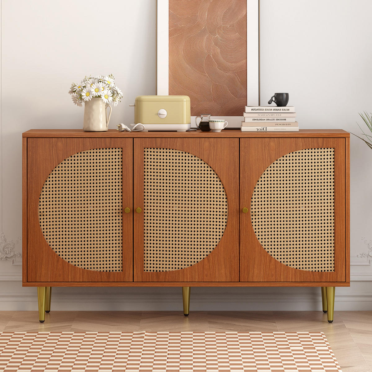 SIDEBOARD aus Spanplatte 129,8x40x76 cm Walnuss mit 3 Türen, verstellbaren Einlegeböden und Rattan-Optik - Walnussfarben, Holzwerkstoff (129.8/76/40cm) - Modfu