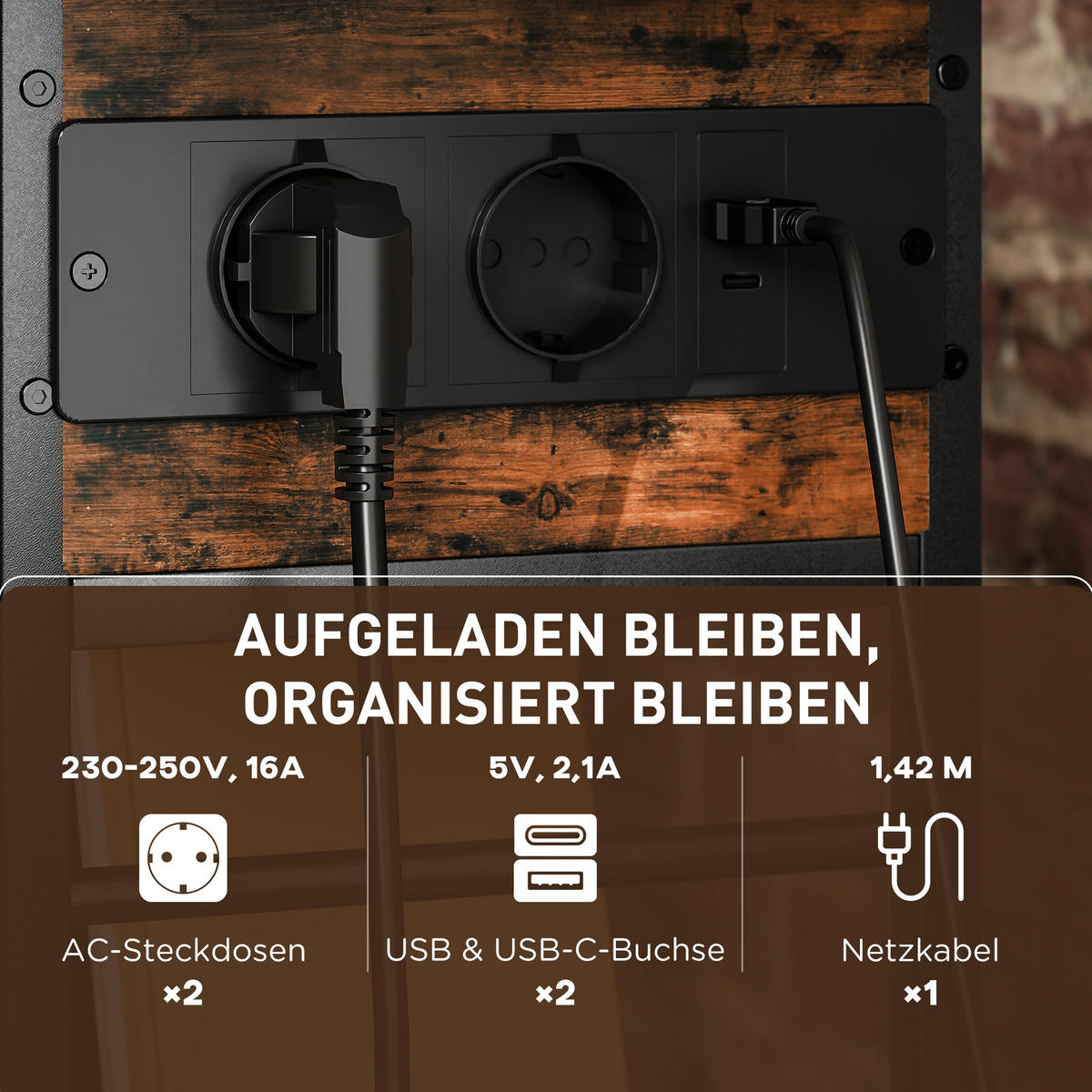 BEISTELLTISCH Nachttisch mit Steckdosenleiste, 2 Ebenen, USB-Anschlüssen Stauraum 60 x 29,8 x 58,5 cm Rustikal Braun - Wildeiche, Holzwerkstoff (29.8/60/58.5cm)
